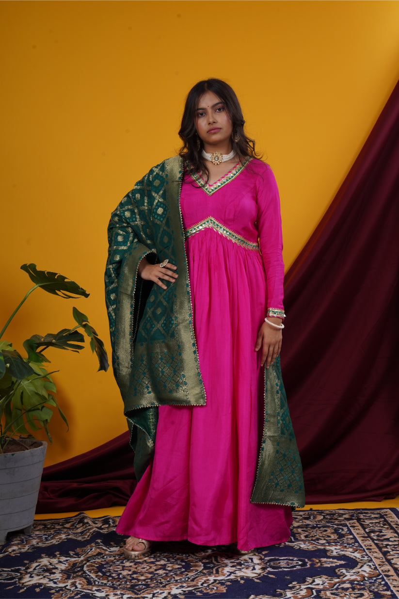 Fuchsia Pink Gota Work Alia-Cut Gown with Banarasi Brocade Dupatta