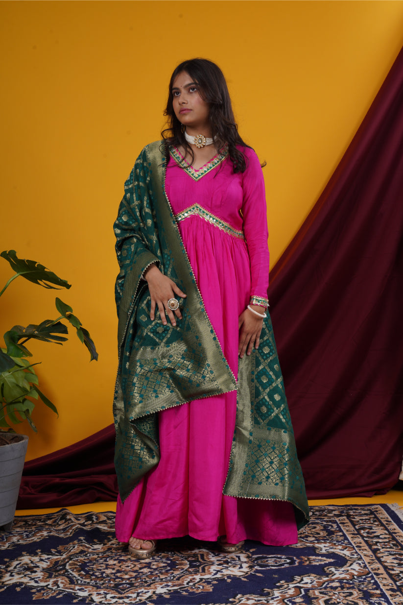 Fuchsia Pink Gota Work Alia-Cut Gown with Banarasi Brocade Dupatta