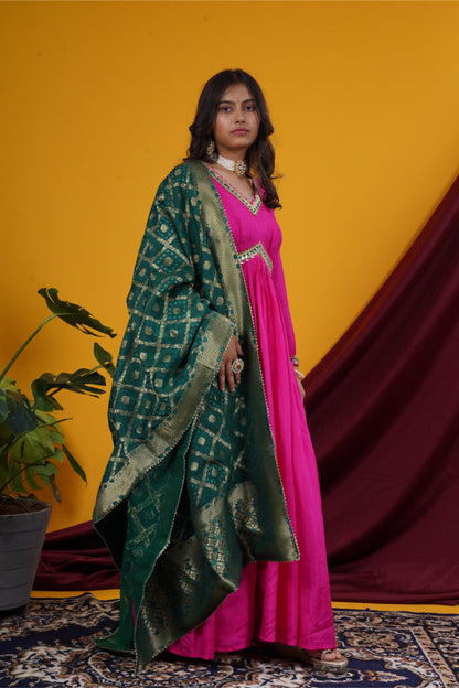 Fuchsia Pink Gota Work Alia-Cut Gown with Banarasi Brocade Dupatta