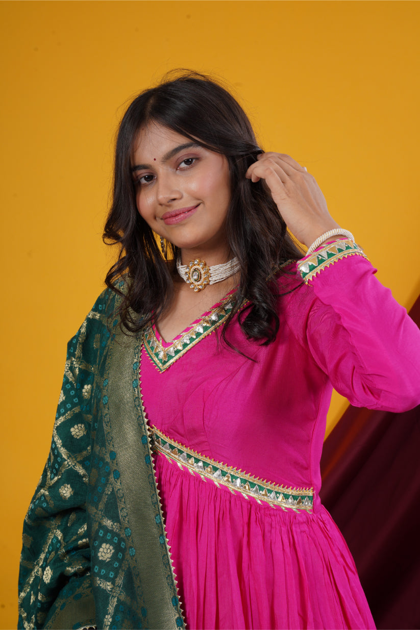 Fuchsia Pink Gota Work Alia-Cut Gown with Banarasi Brocade Dupatta