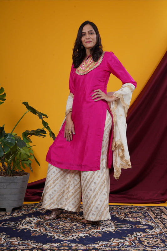 Rani Pink Short Dress with Ivory Palazzo & Dupatta Set