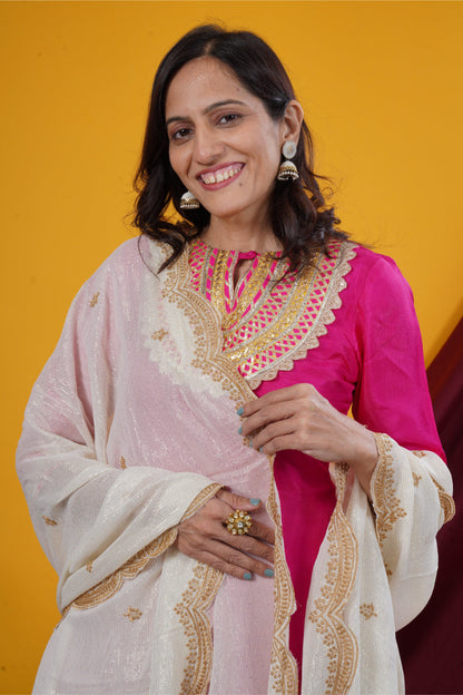 Rani Pink Short Dress with Ivory Palazzo & Dupatta Set