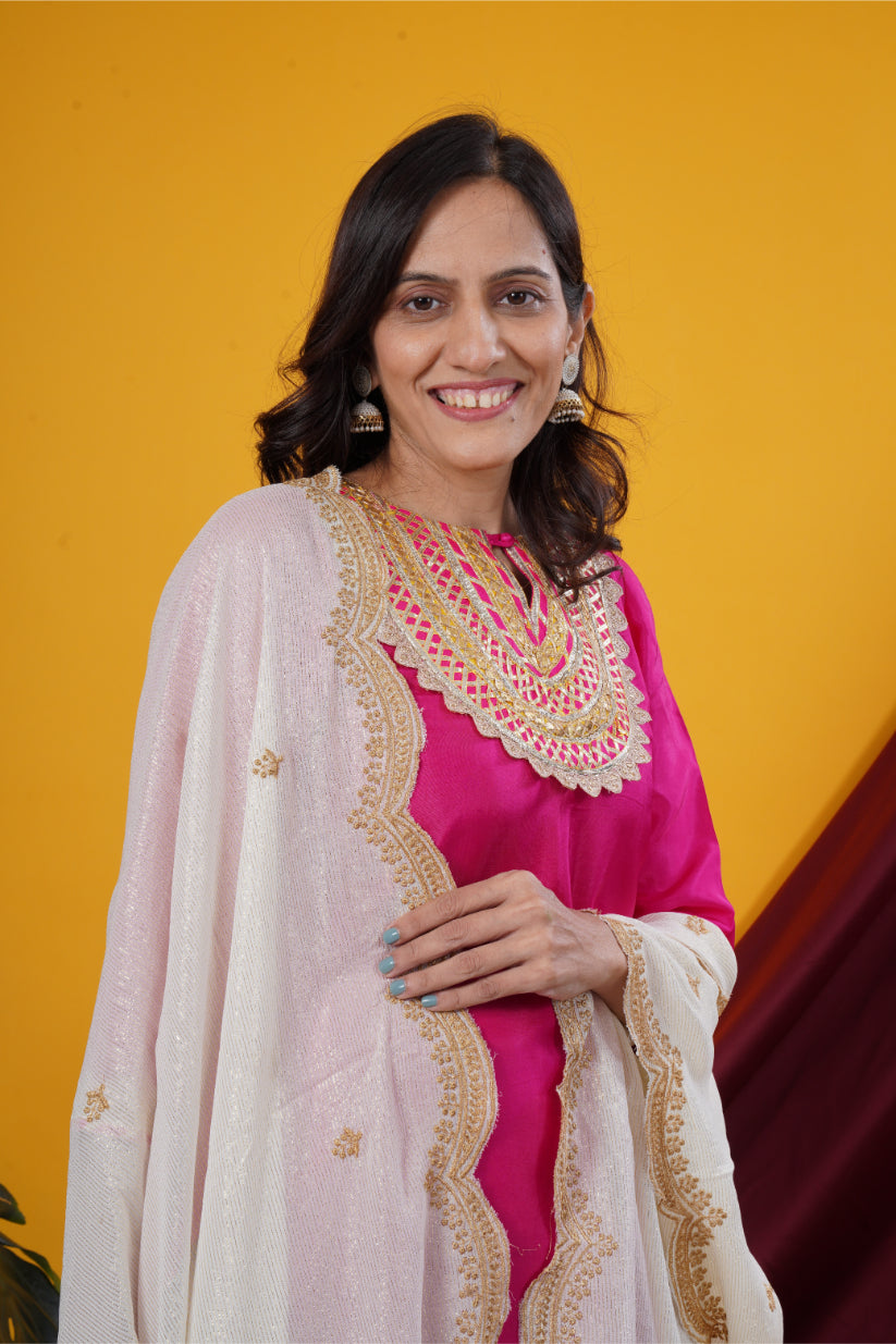 Rani Pink Short Dress with Ivory Palazzo & Dupatta Set