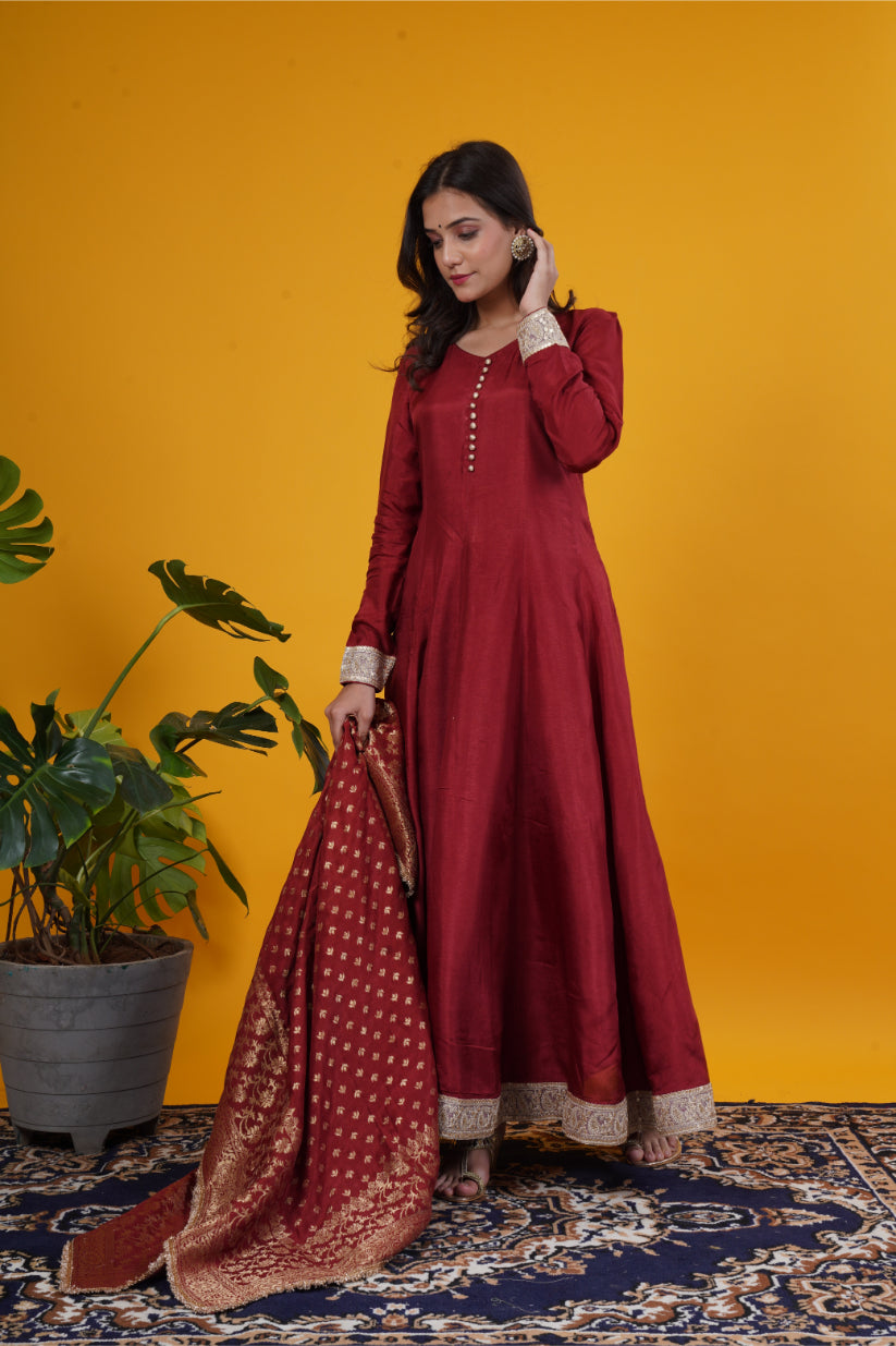 Rust red russian silk anarkali kurti with tailored pants and banarasi weaved dupatta