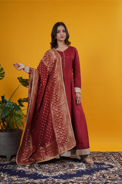 Rust red russian silk anarkali kurti with tailored pants and banarasi weaved dupatta