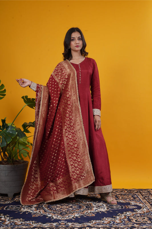 Rust red russian silk anarkali kurti with tailored pants and banarasi weaved dupatta