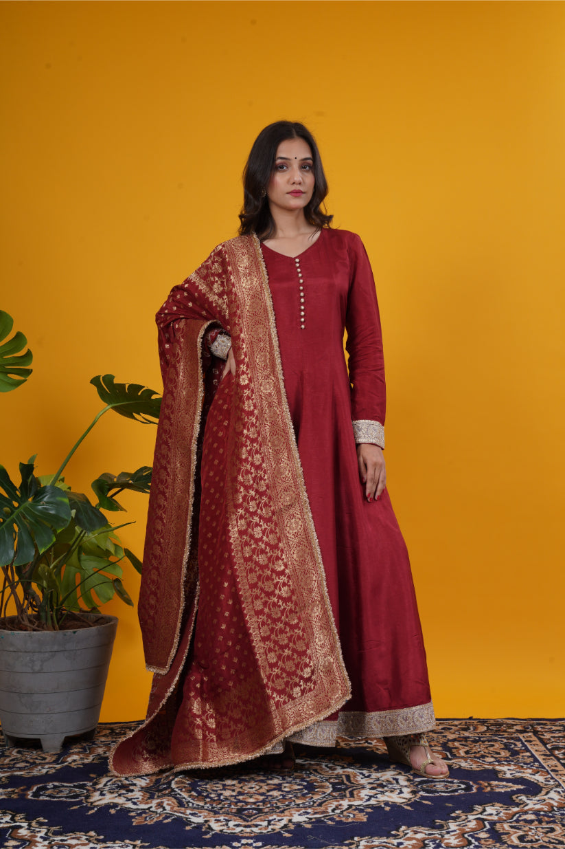 Rust red russian silk anarkali kurti with tailored pants and banarasi weaved dupatta