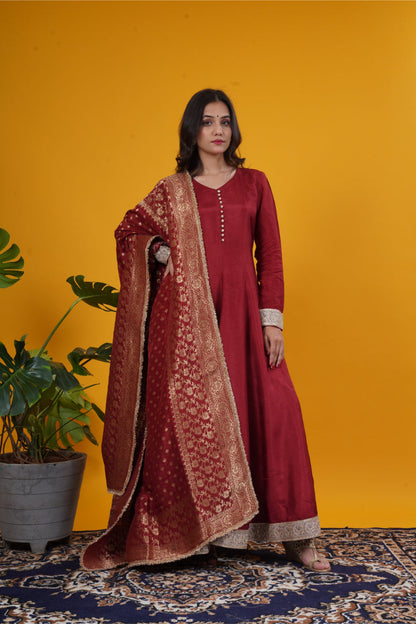 Rust red russian silk anarkali kurti with tailored pants and banarasi weaved dupatta