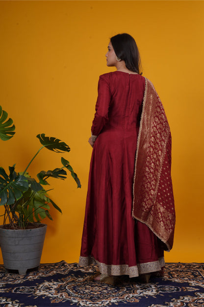 Rust red russian silk anarkali kurti with tailored pants and banarasi weaved dupatta