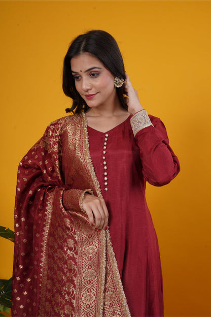 Rust red russian silk anarkali kurti with tailored pants and banarasi weaved dupatta