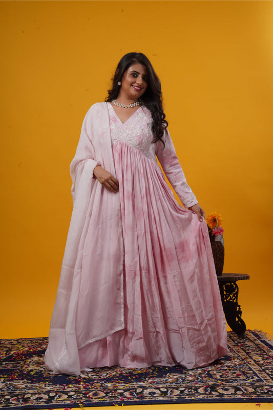 Onion Pink Batik Handwork Gown with Organza Dupatta