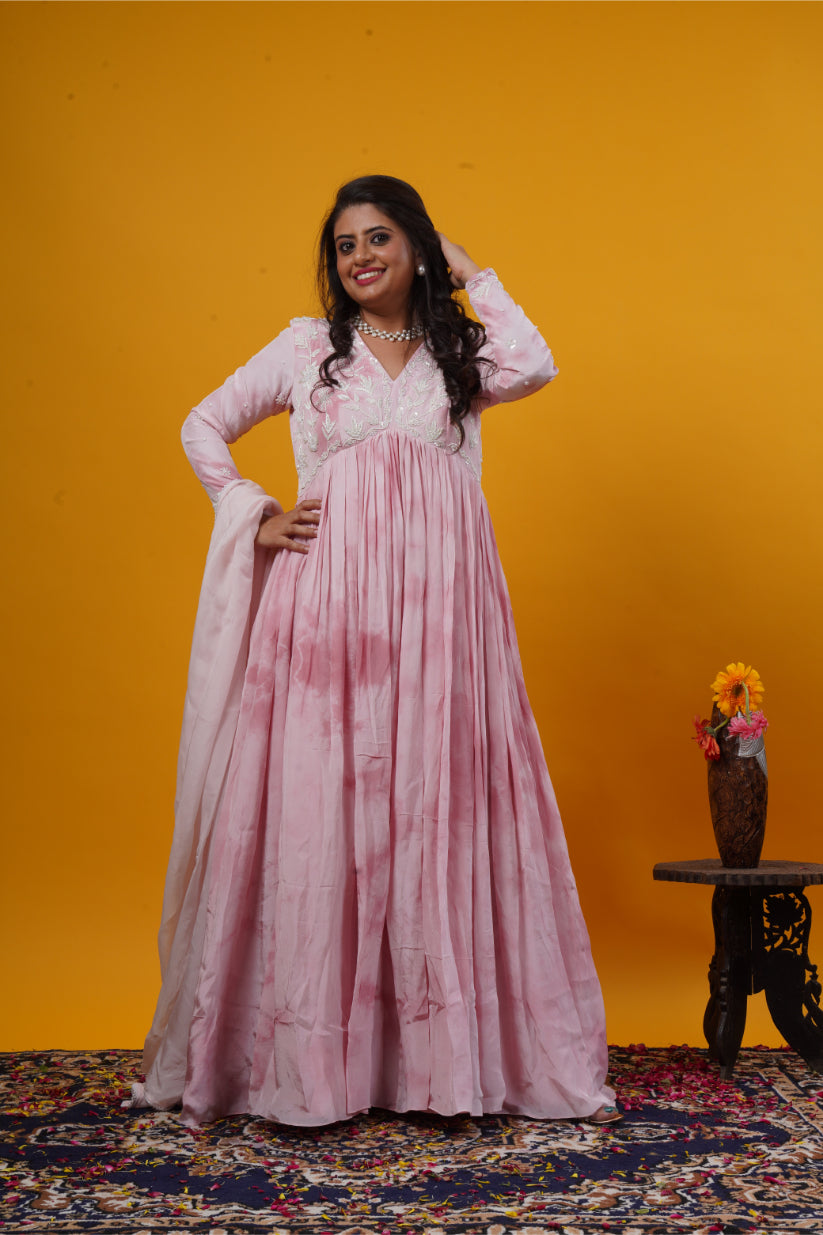Onion Pink Batik Handwork Gown with Organza Dupatta