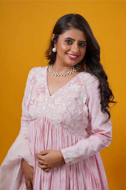 Onion Pink Batik Handwork Gown with Organza Dupatta