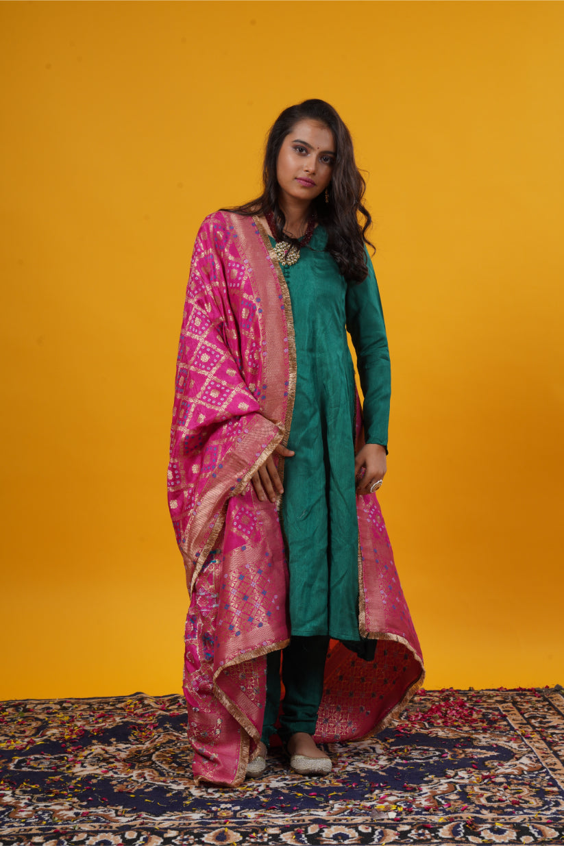 Deep Green Anarkali Suit Set with Magenta Pink Banarasi Gharchola Jari Dupatta