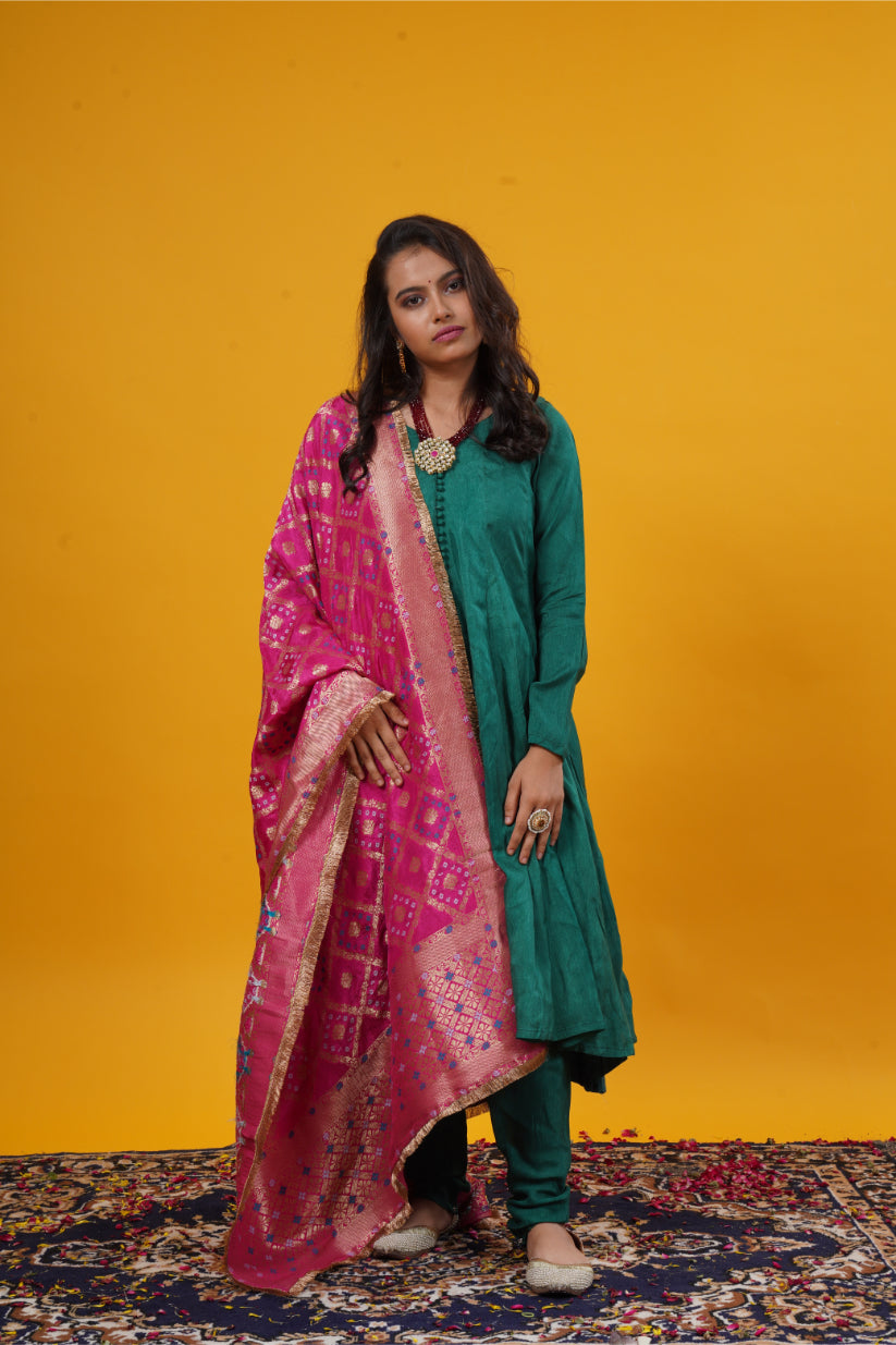 Deep Green Anarkali Suit Set with Magenta Pink Banarasi Gharchola Jari Dupatta