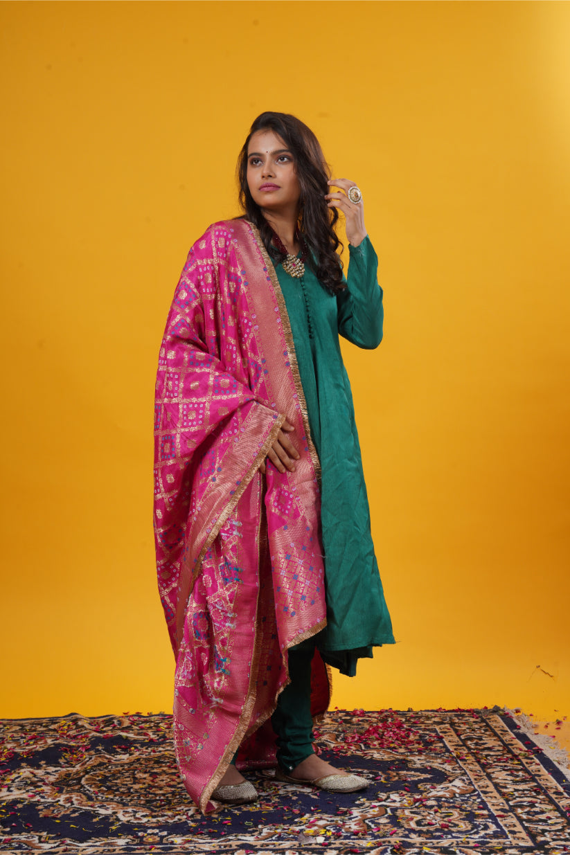 Deep Green Anarkali Suit Set with Magenta Pink Banarasi Gharchola Jari Dupatta