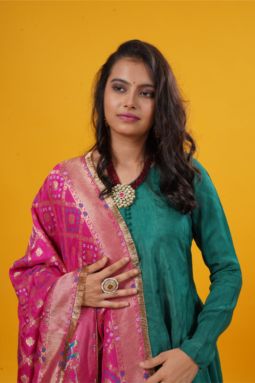Deep Green Anarkali Suit Set with Magenta Pink Banarasi Gharchola Jari Dupatta