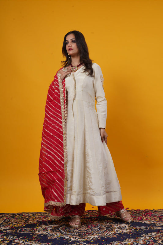 Gold Tissue Silk Gown with Floral & Peacock Embroidery Set