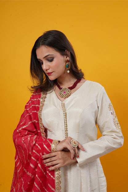 Gold Tissue Silk Gown with Floral & Peacock Embroidery Set