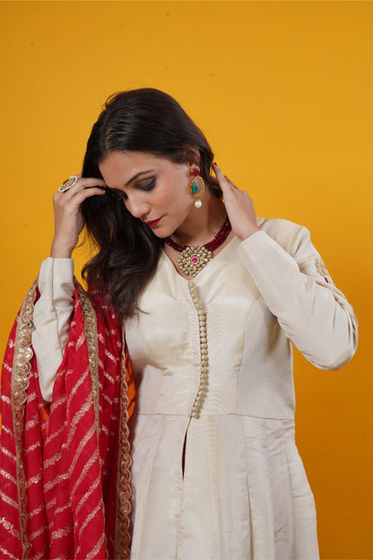 Gold Tissue Silk Gown with Floral & Peacock Embroidery Set