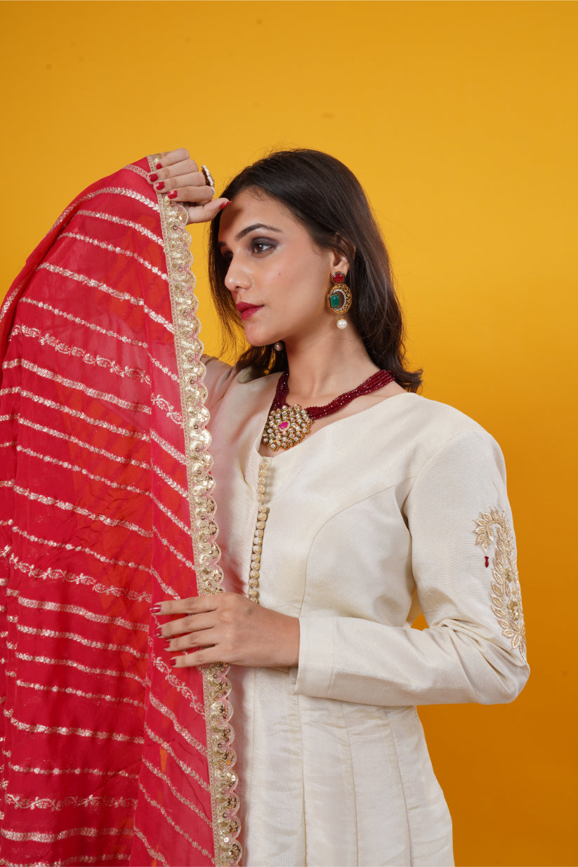 Gold Tissue Silk Gown with Floral & Peacock Embroidery Set