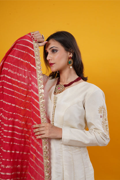 Gold Tissue Silk Gown with Floral & Peacock Embroidery Set