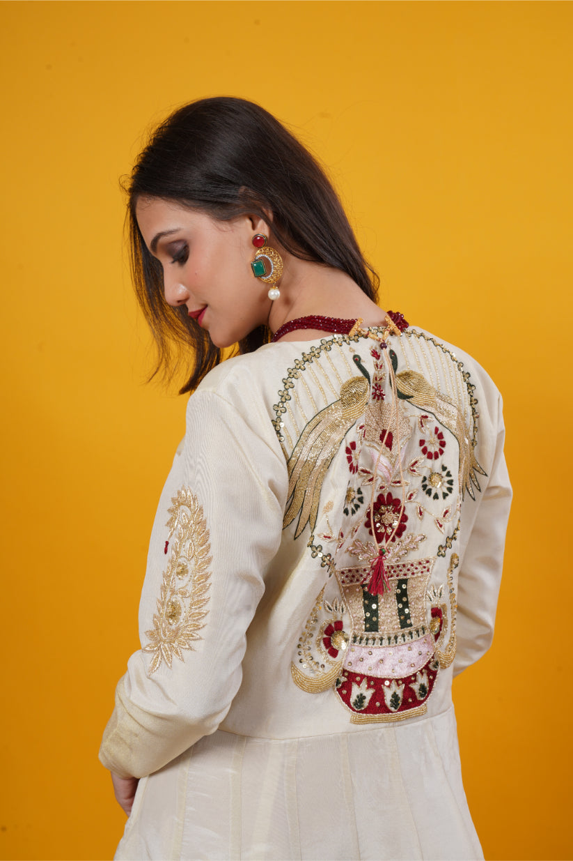 Gold Tissue Silk Gown with Floral & Peacock Embroidery Set