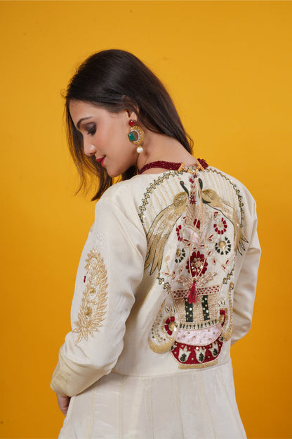 Gold Tissue Silk Gown with Floral & Peacock Embroidery Set