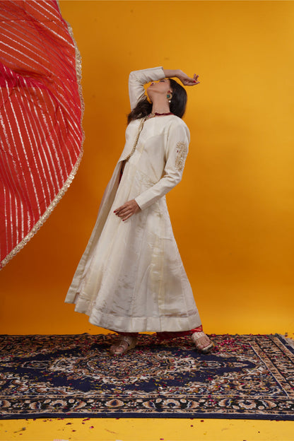 Gold Tissue Silk Gown with Floral & Peacock Embroidery Set