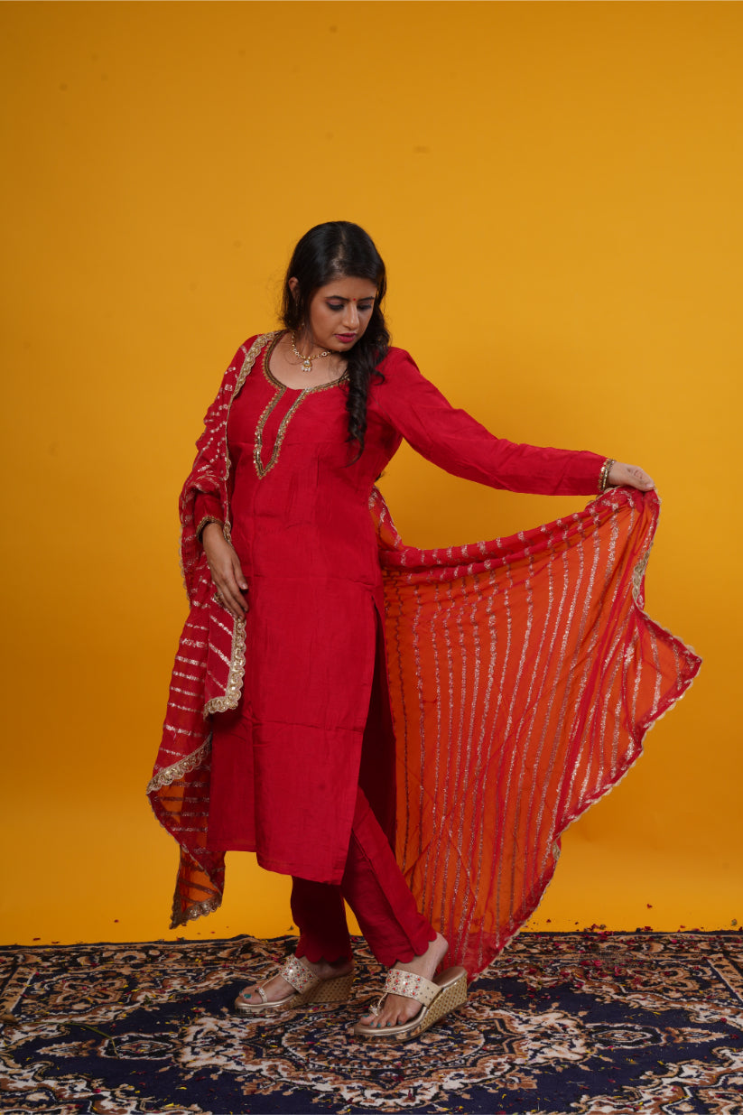 Pure Raw Silk Red Suit Set with Copper Neckline Handwork & Organza Leheriya Jari Dupatta