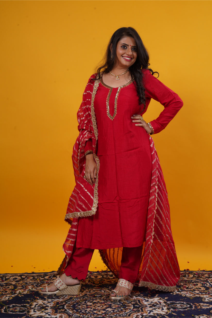 Pure Raw Silk Red Suit Set with Copper Neckline Handwork & Organza Leheriya Jari Dupatta