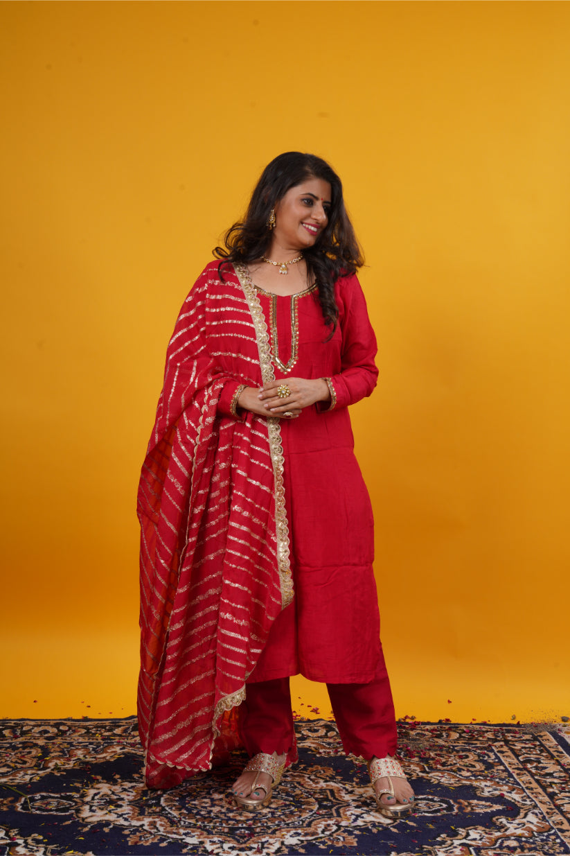 Pure Raw Silk Red Suit Set with Copper Neckline Handwork & Organza Leheriya Jari Dupatta
