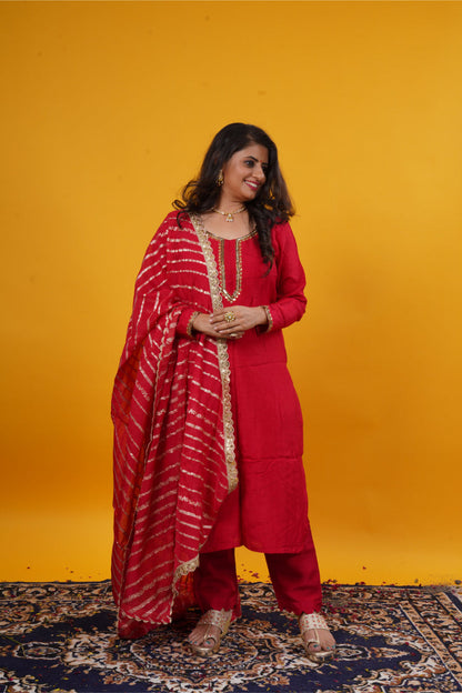Pure Raw Silk Red Suit Set with Copper Neckline Handwork & Organza Leheriya Jari Dupatta