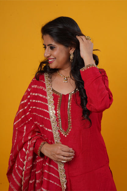 Pure Raw Silk Red Suit Set with Copper Neckline Handwork & Organza Leheriya Jari Dupatta