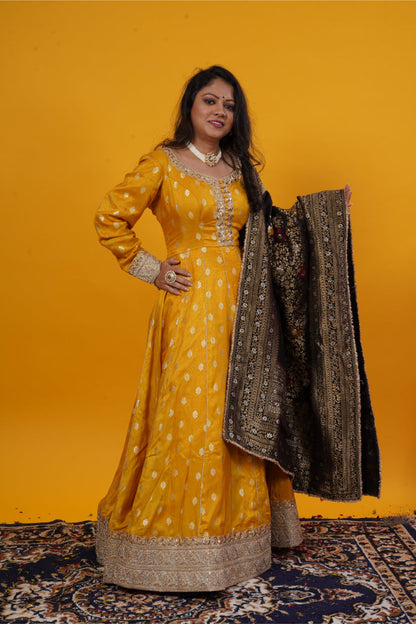Mustard Yellow Butti Brocade Anarkali Gown with Black Multicolor Banarasi Dupatta