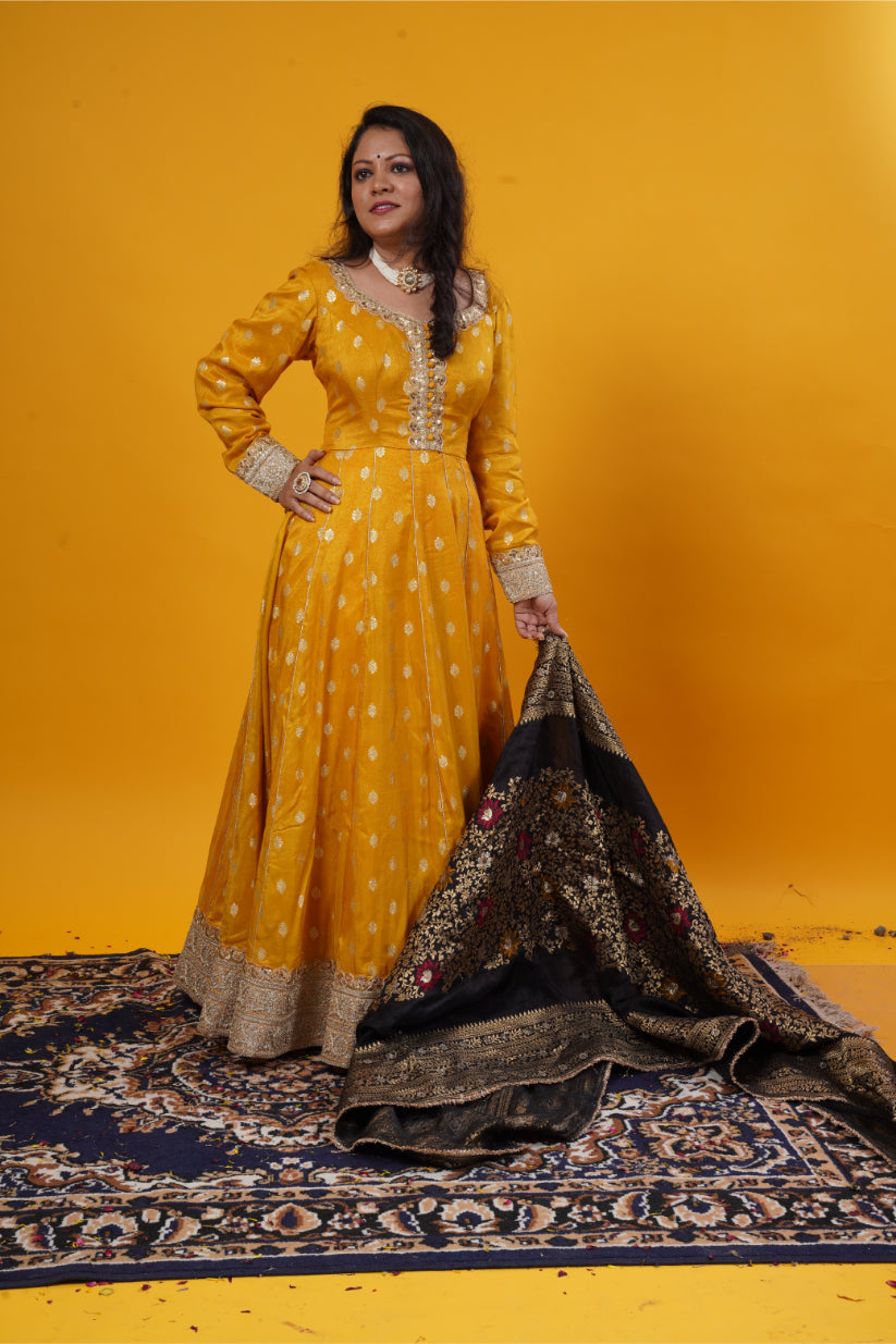Mustard Yellow Butti Brocade Anarkali Gown with Black Multicolor Banarasi Dupatta