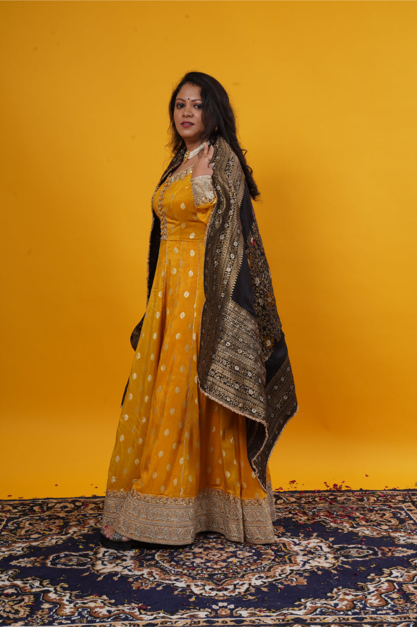 Mustard Yellow Butti Brocade Anarkali Gown with Black Multicolor Banarasi Dupatta