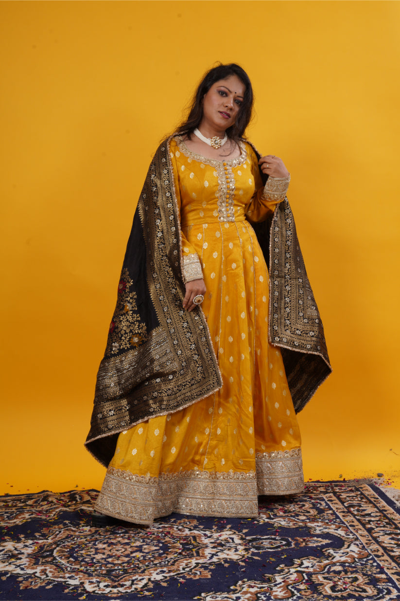 Mustard Yellow Butti Brocade Anarkali Gown with Black Multicolor Banarasi Dupatta
