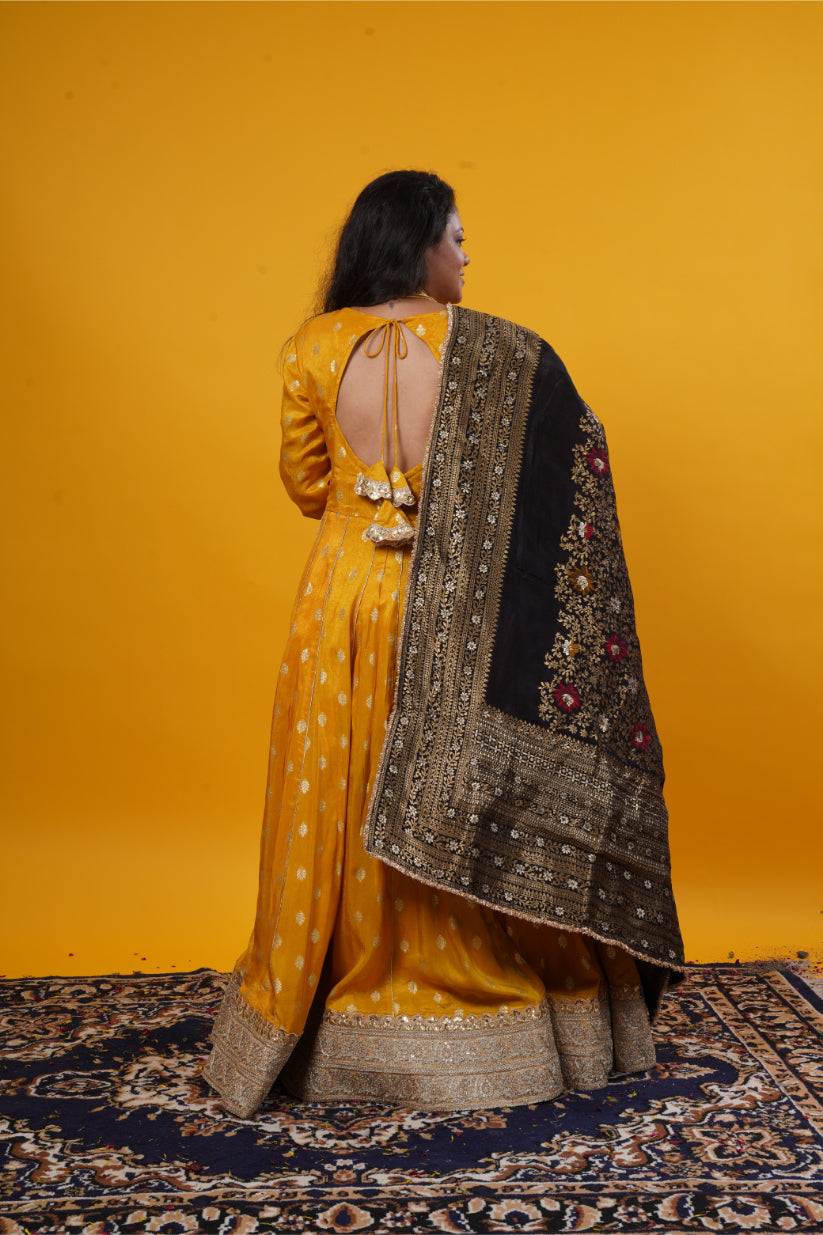 Mustard Yellow Butti Brocade Anarkali Gown with Black Multicolor Banarasi Dupatta