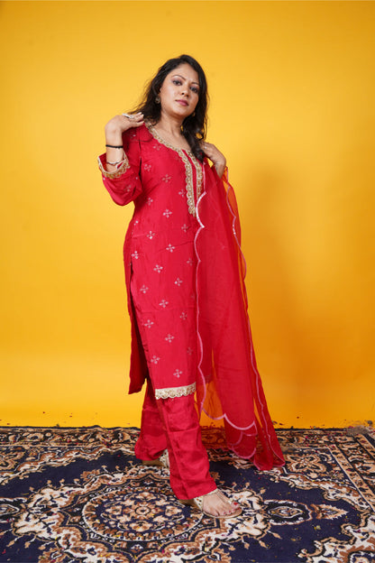 Deep Red Pure Butte Work Upada Silk Suit Set with Pants & Organza Dupatta