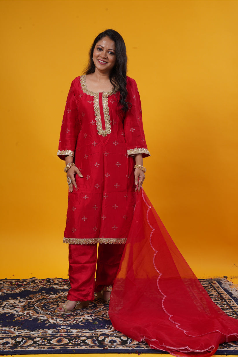 Deep Red Pure Butte Work Upada Silk Suit Set with Pants & Organza Dupatta