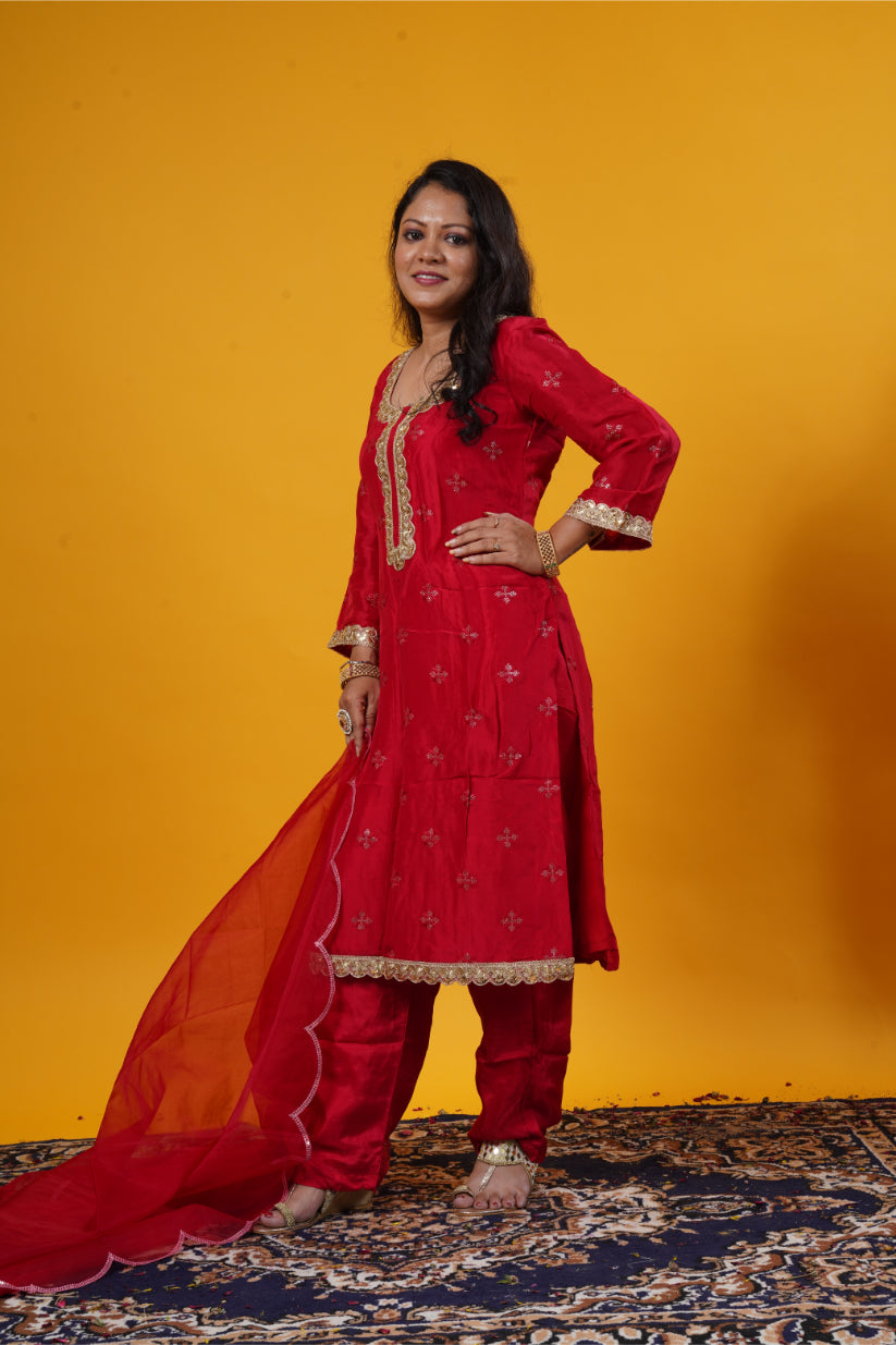 Deep Red Pure Butte Work Upada Silk Suit Set with Pants & Organza Dupatta
