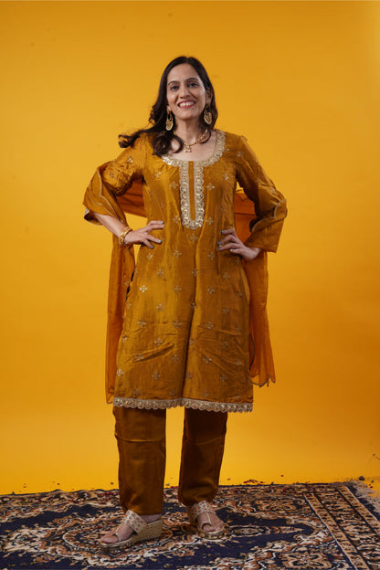 Dark Soybean Upada Silk Suit Set with Pants & Organza Dupatta