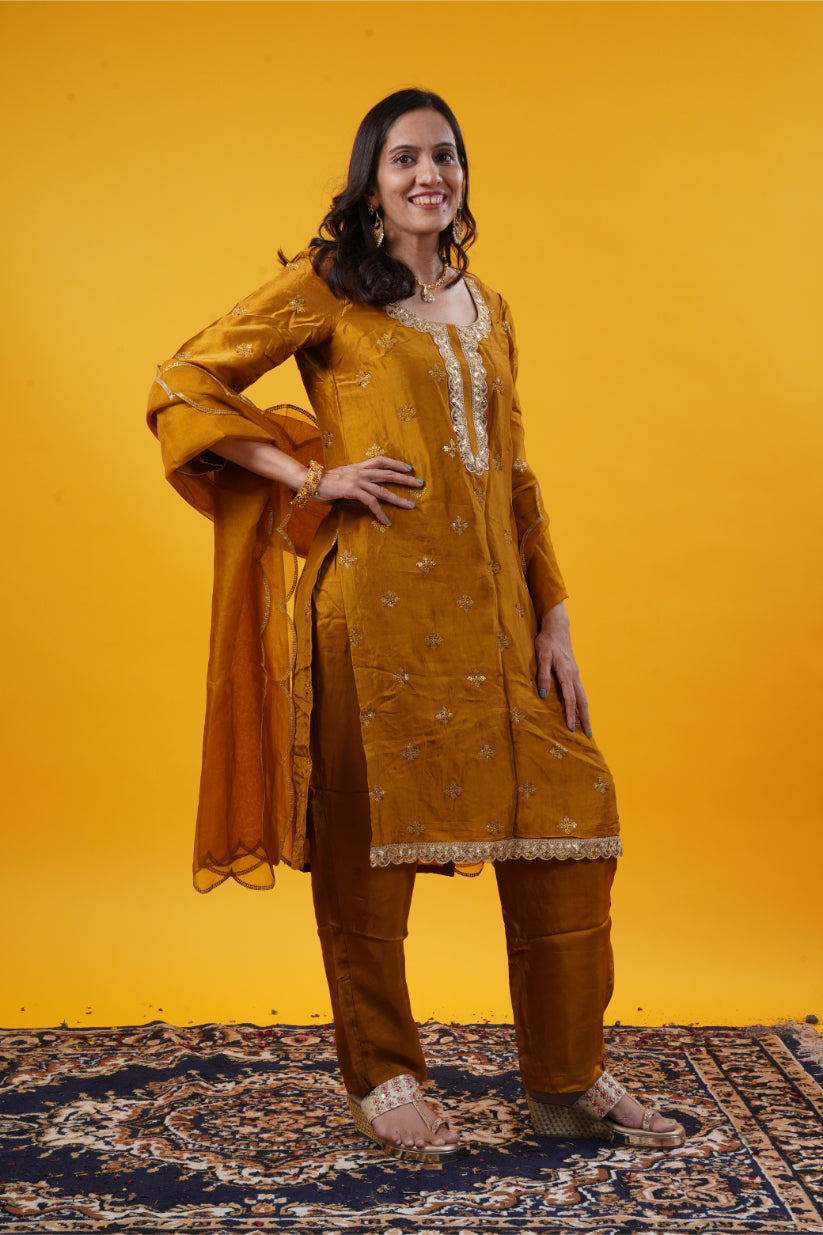Dark Soybean Upada Silk Suit Set with Pants & Organza Dupatta