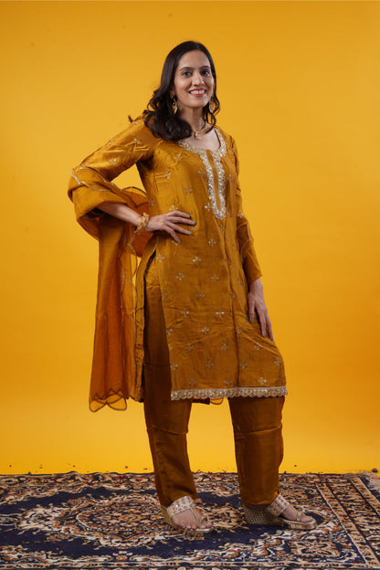 Dark Soybean Upada Silk Suit Set with Pants & Organza Dupatta