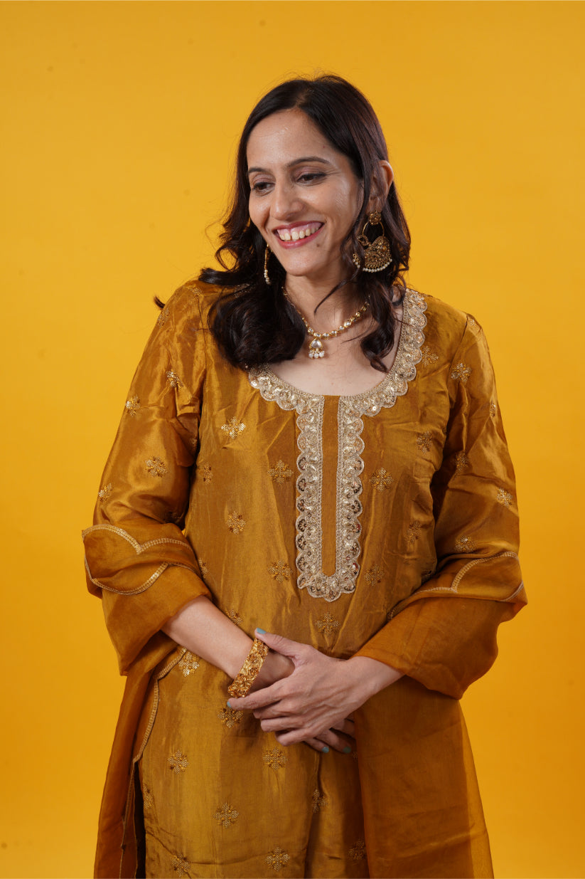 Dark Soybean Upada Silk Suit Set with Pants & Organza Dupatta