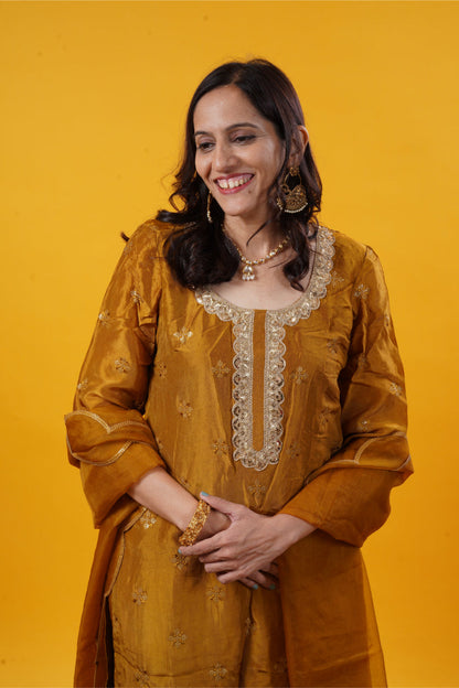 Dark Soybean Upada Silk Suit Set with Pants & Organza Dupatta