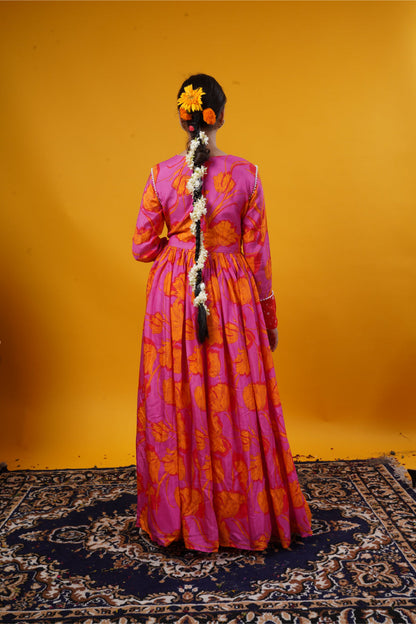 A pink floral gown with handwork