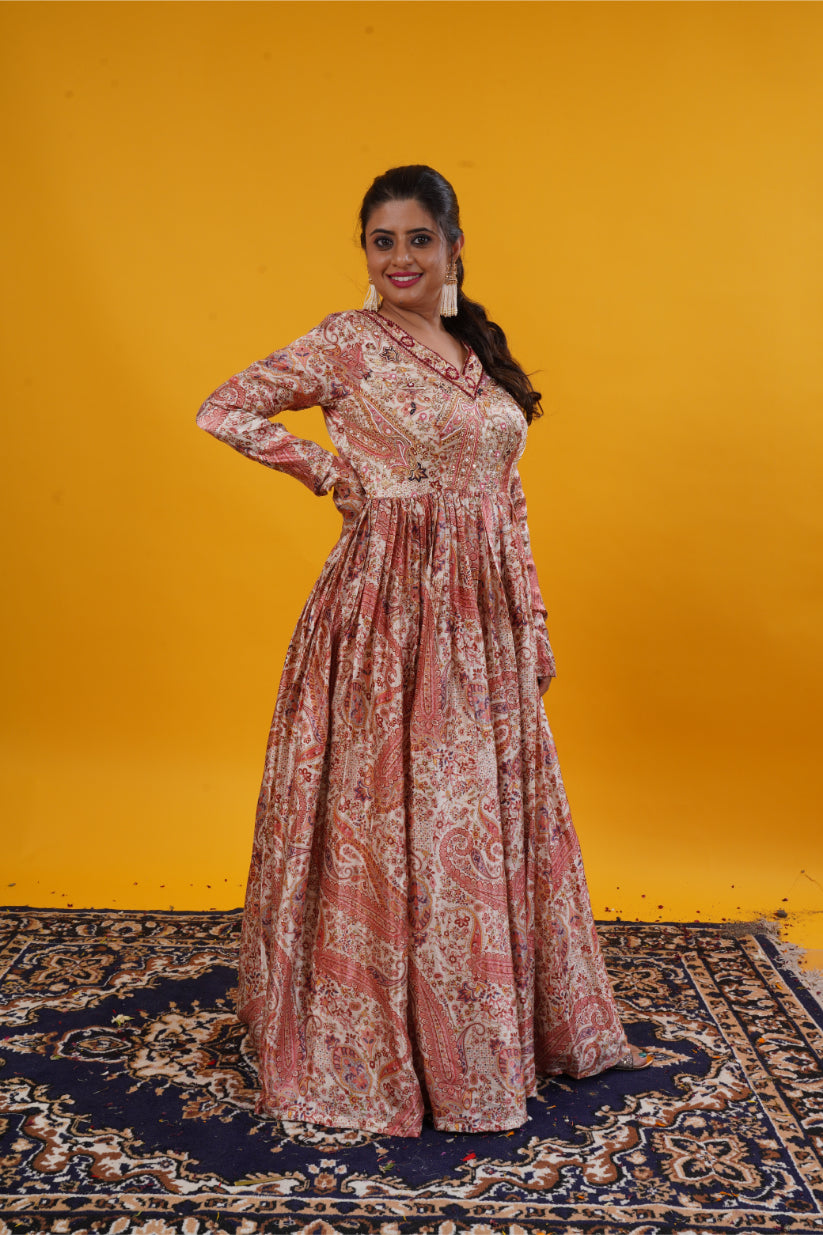 Rust Paisley Gajji Silk Gown