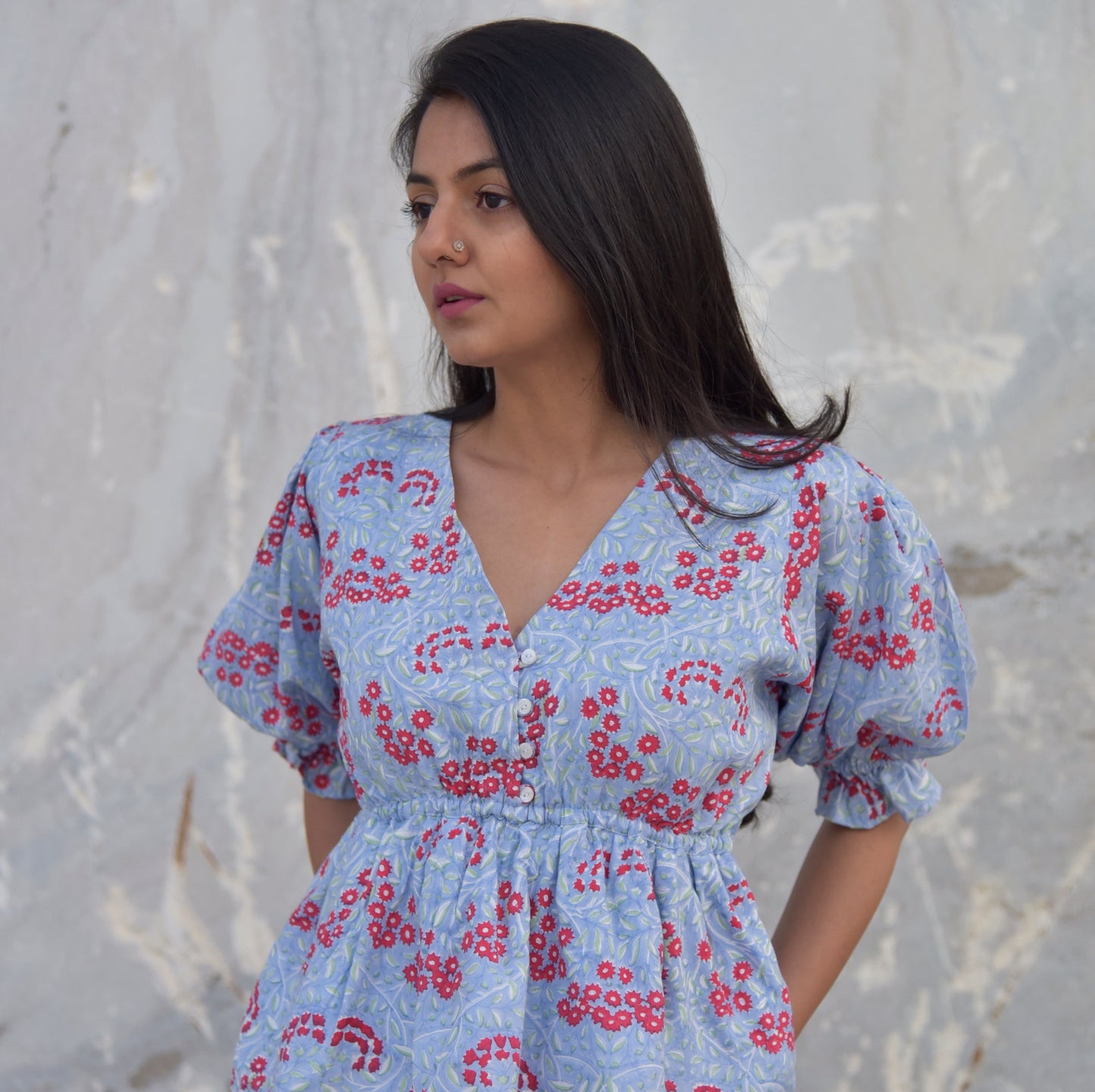 Seifuku Top - Stylish Blue Floral Motif Top with Puffed Sleeves